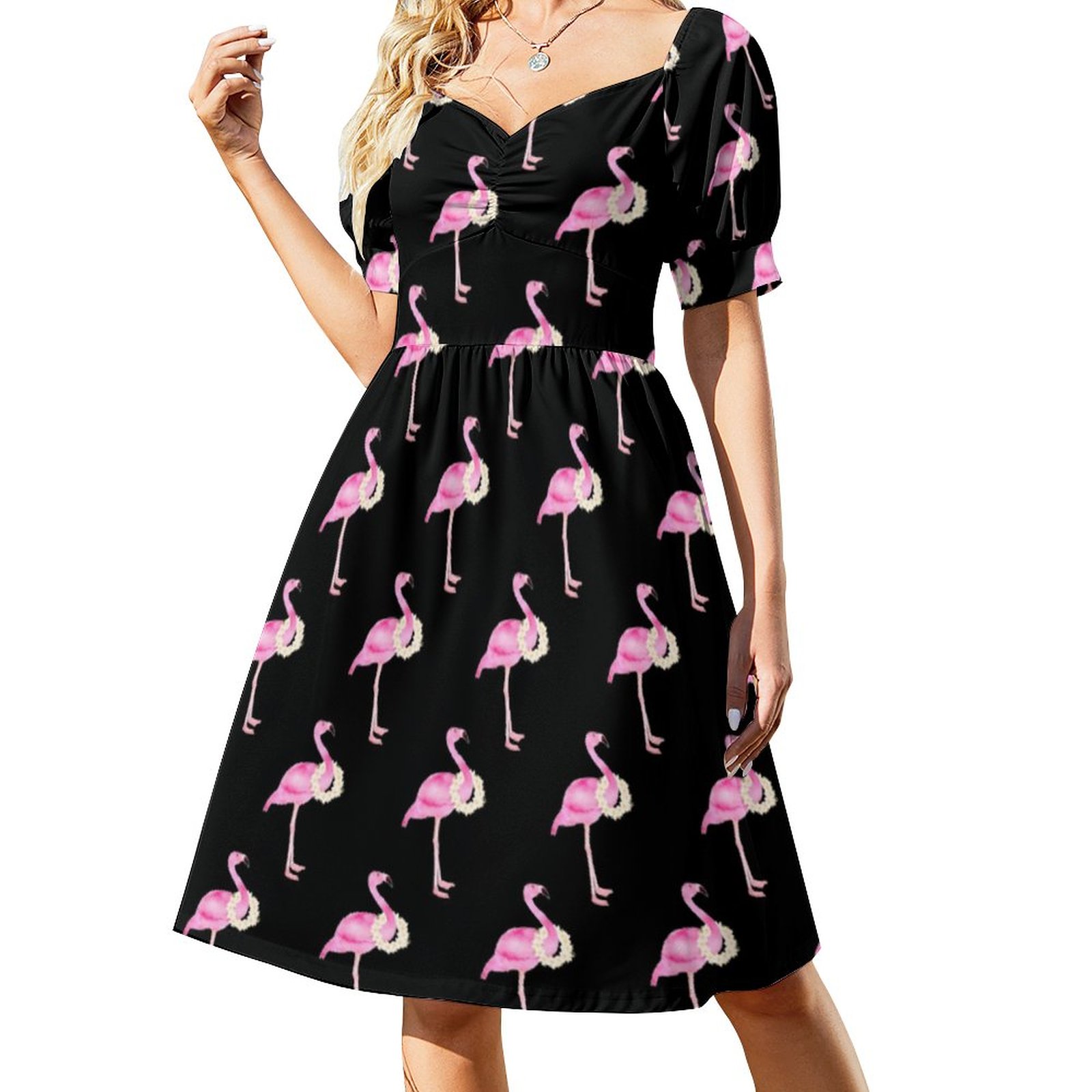 SFNEEWHO Tropical Pink Flamingo Pattern White Floral Wreath Dress Women  Boho High Waist Flared Puff Sleeve Cute Sweetheart Midi Dress