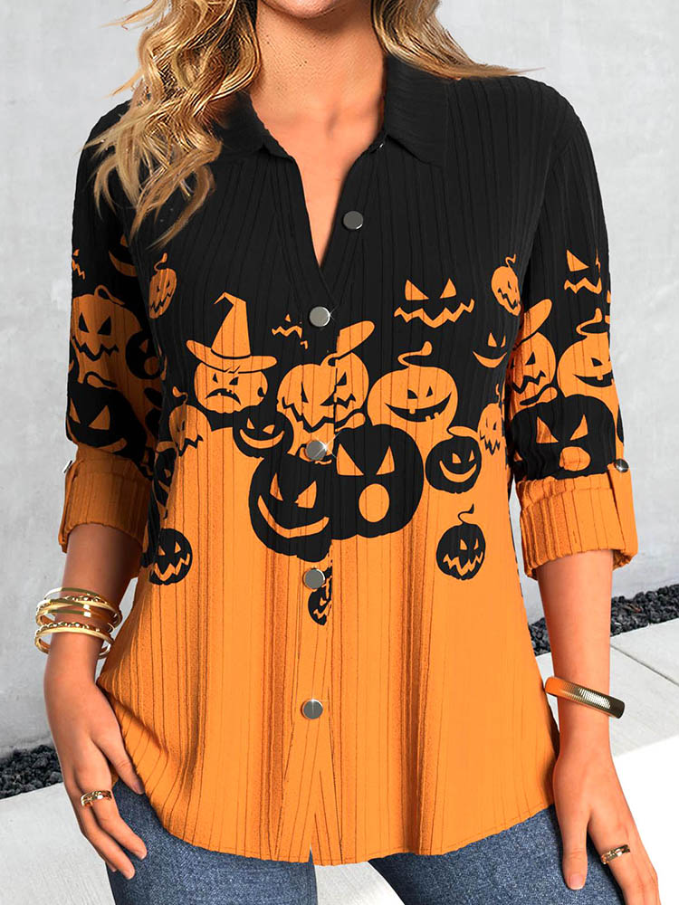 Button Halloween Pumpkin Print Orange Shirt Collar Blouse
