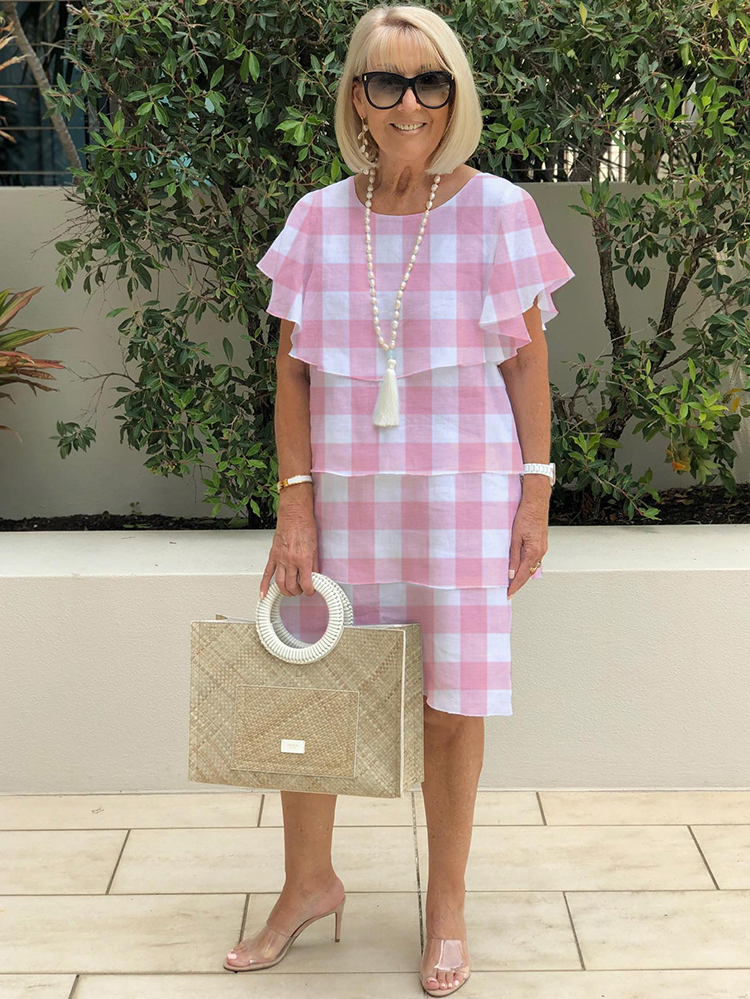 Plus Size Soft Gingham Cotton Tiered Tunic Dress