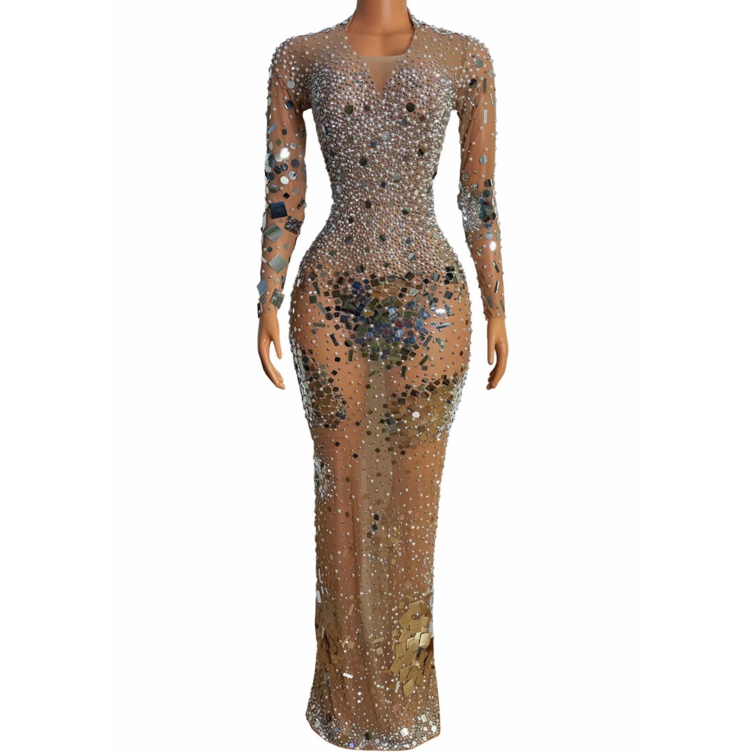 GOOSHOE Rhinestone Mirrors Pearls Transparent Dress Costume Celebrate Prom Outfit Dresses For Women