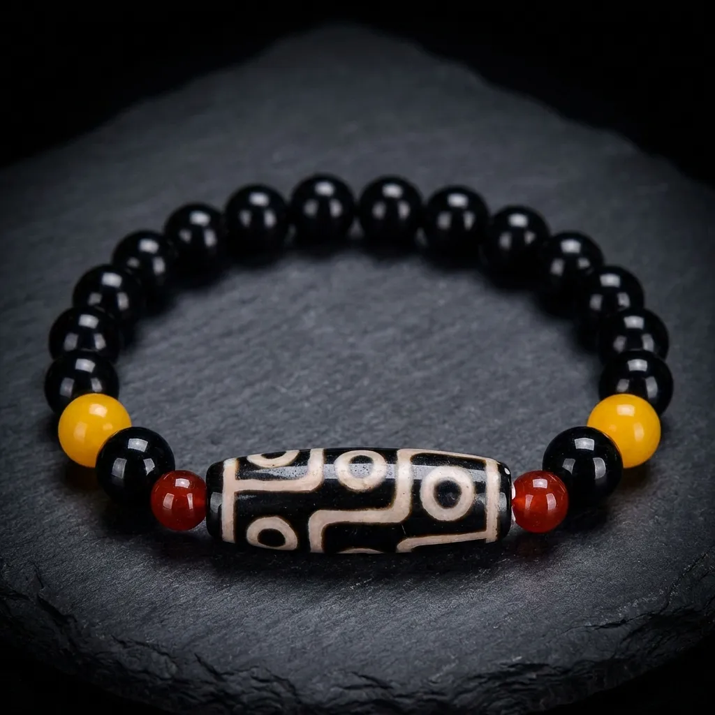 JiStones Ancient Wisdom Dzi Bead Bracelet - Natural Agate with Dragon Totem Accent Mystic Noir & Dragon Totem