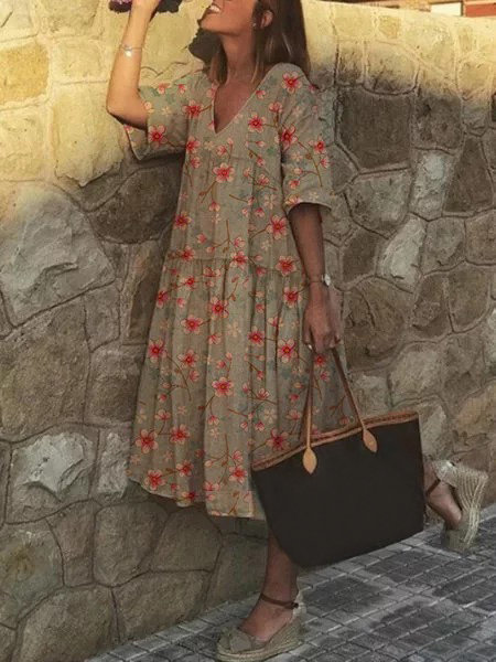 Plus Size Casual Half Sleeve V-neck Small Floral Print Dress