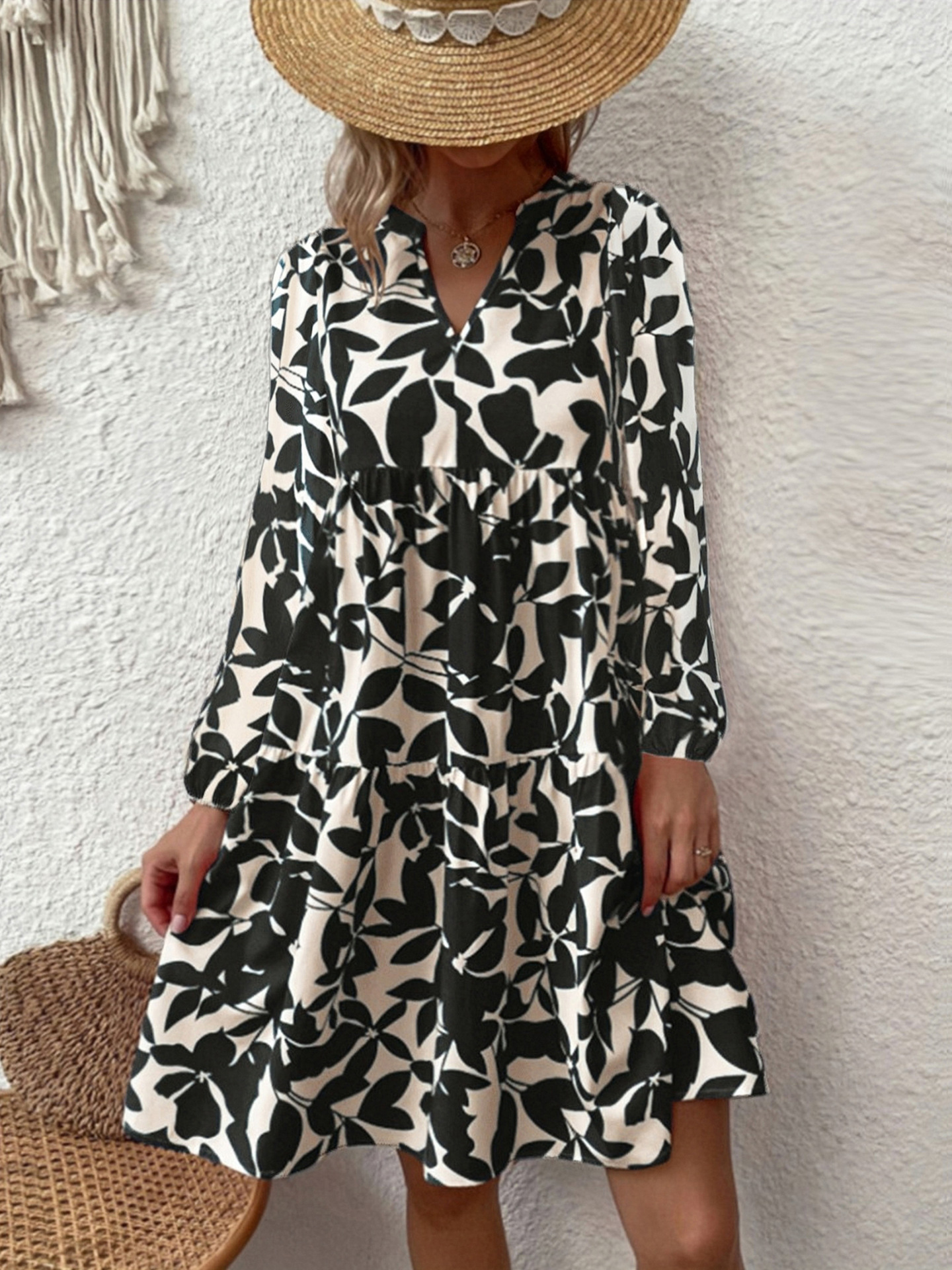 V-neck Printed Tunic Boho Dress