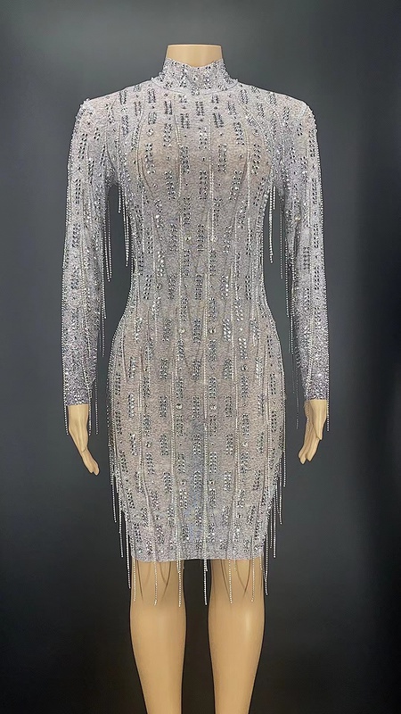 GOOSHOE Club Crystal Appliques Tassel Chic Dress Backless Sequin Applique Mash Dress