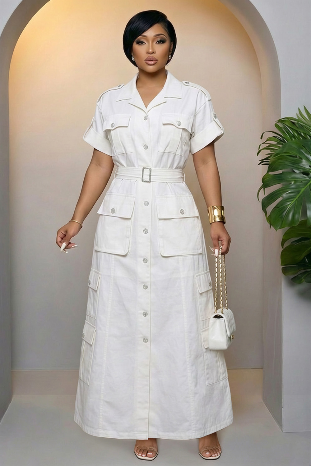 Cargo Turndown Collar Short Sleeve Casual Maxi Dresses-White [Pre Order]