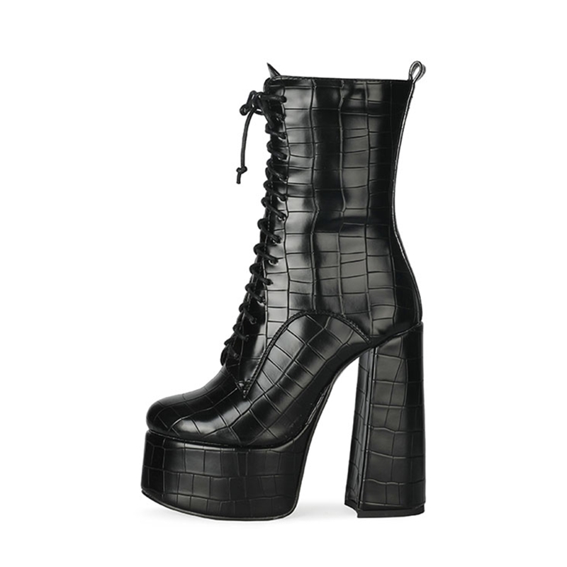 GOOSHOE Black Western Boots High Top Lace Up Short Booty Platform Ankle Boots Stone Print High Chunky Heel Big Size 45