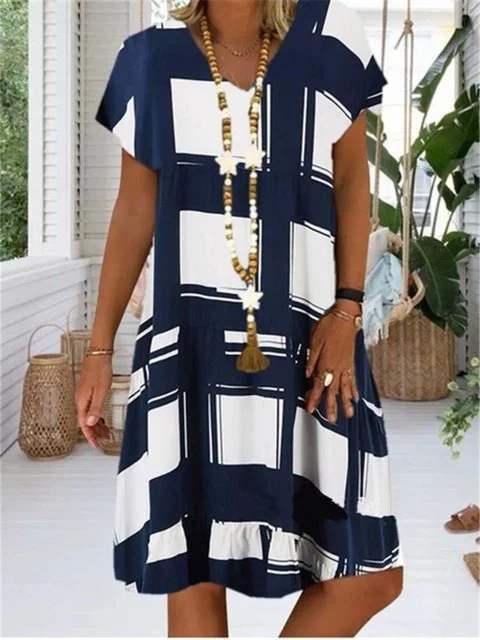 Plus Size Short Sleeve Sleeve Plaid Printed Loose Long Dress
