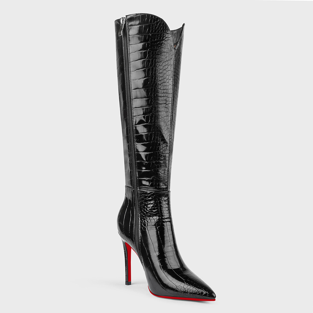 100mm Women's Knee Boots Croc Leather Red Bottom High Heels Boots-MERUMOTE
