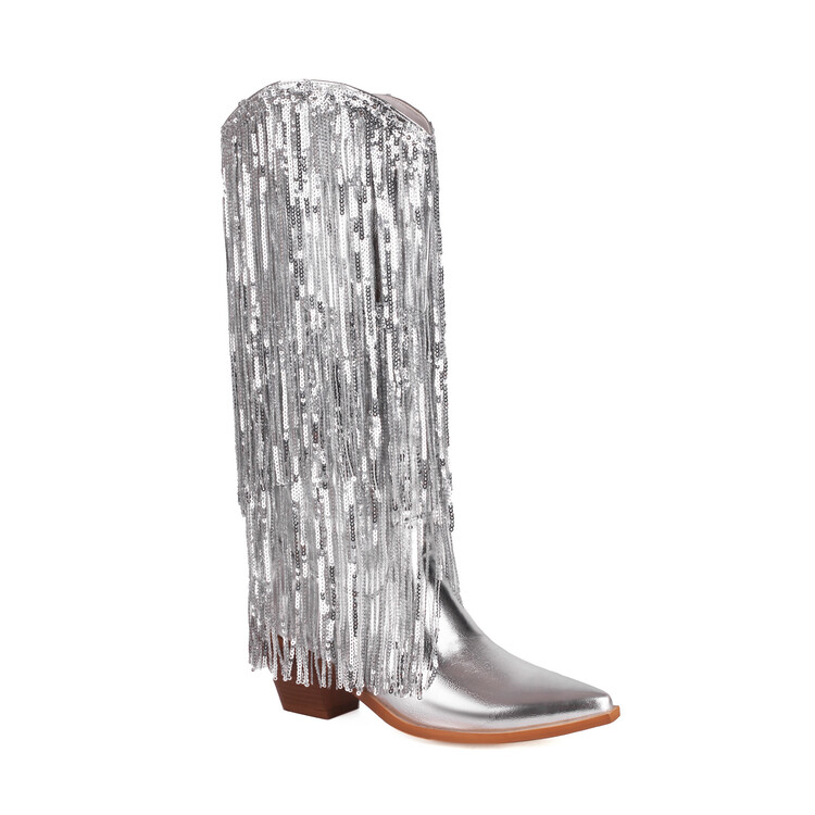 GOOSHOE Big Size 48 Women Low Chunky Heels Booties Bling Tassels Cowboy StyleS Knee High Boots Paillette Wedges Shoes
