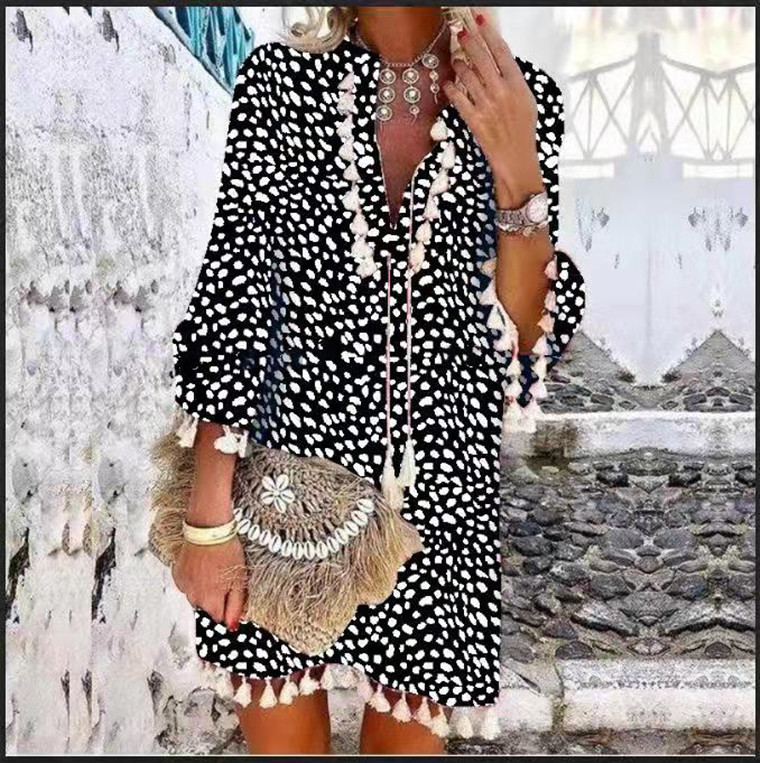 Printed V-neck Tassel Petal Sleeve Boho Dress