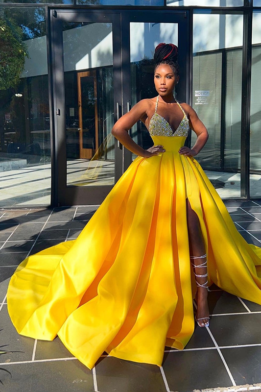 Miabel Shining Halter Deep V Neck Sequins Yellow Slit Ball Gown Prom Dress