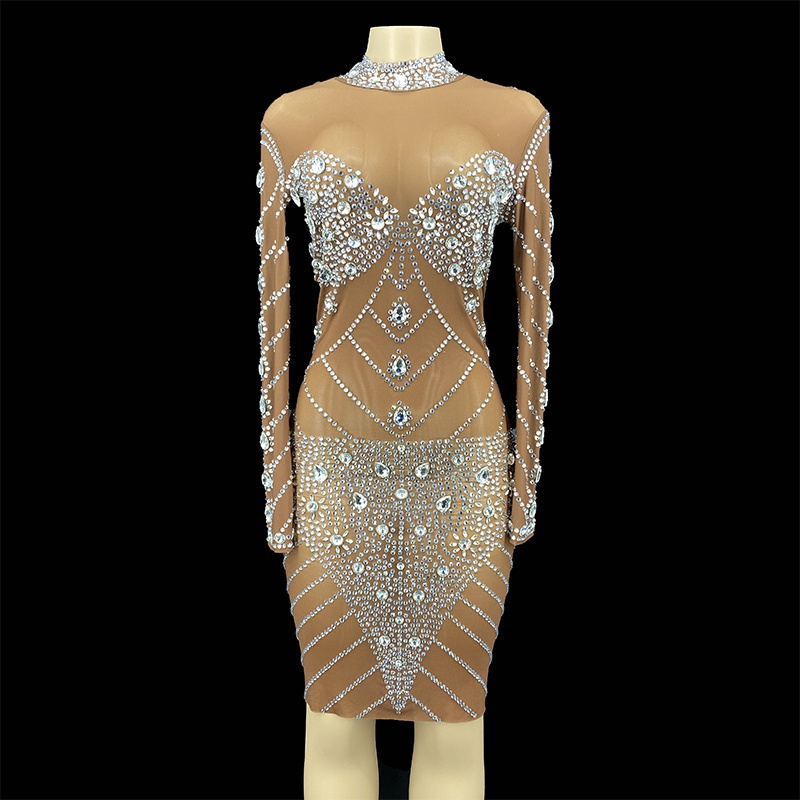 GOOSHOE Women Clothing Crystal Applique Long Sleeve Night Dresses For Woman Translucent Stone Gown
