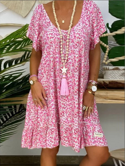 Short-Sleeved Ruffled Boho Tunic Dress