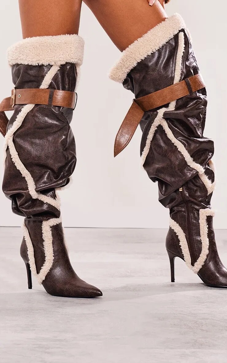 VCSHOES Brown Thigh High Boots Women's Over The Knee Leather Belt Buckles Boots Women Shoes Warm Stiletto Boots
