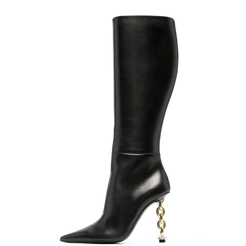 GOOSHOE Gold Heels Women Thin-Heeled Solid Knee High Boots Pointed Toe Stiletto Long Booties Big Size 44 Shoes