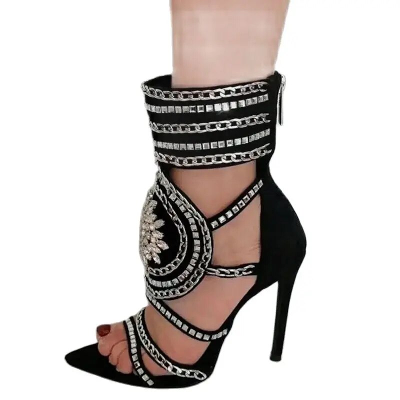 GOOSHOE Metal Chain Women High Heels Diamonds Sandals Rhinestone Party Stiletto Dress Back Zipper Shoes