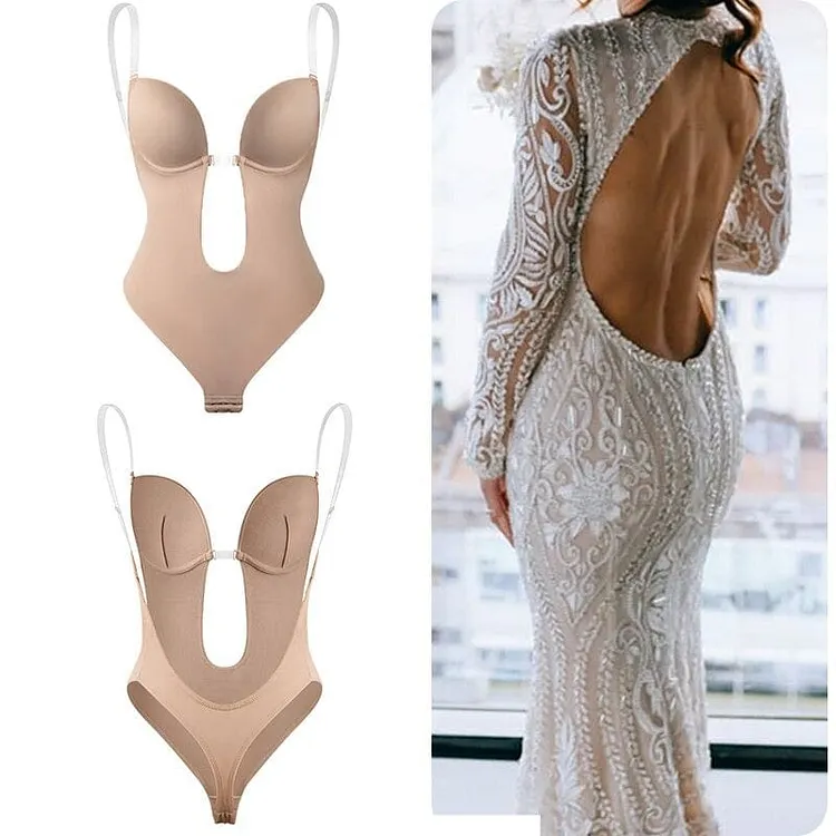 pornhint Pornhint Bodysuit Shapewear Deep V-Neck Body Shaper Backless U Plunge Thong Shapers Waist Trainer Women Clear Strap Padded Push Up Corset