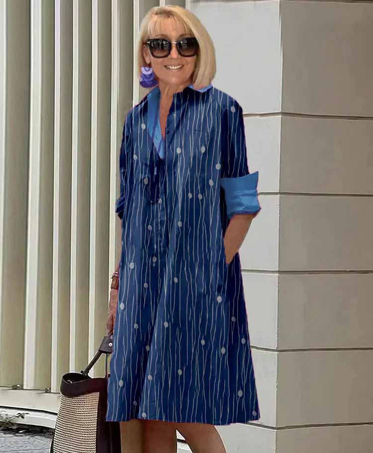 Striped Polka Dot Collar Long Sleeve Pocket Mid-Length Tunic Dress
