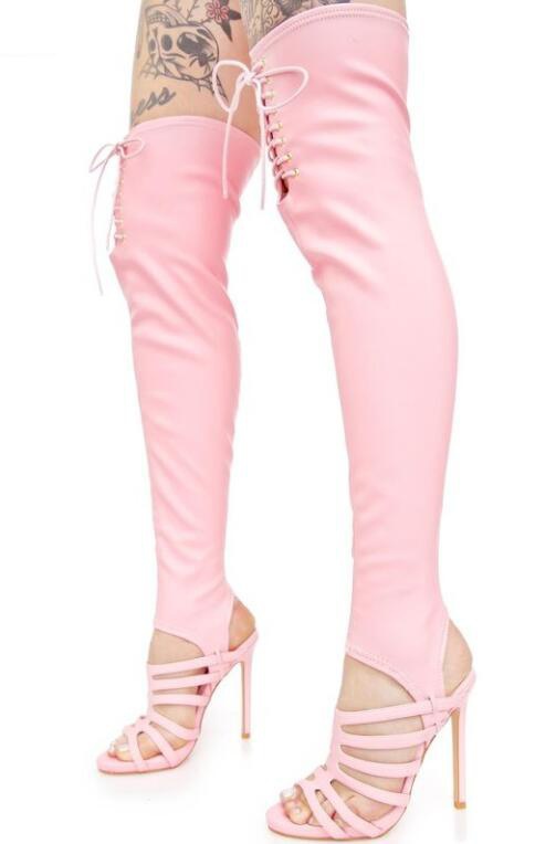 GOOSHOE High Heel Boots Hollow Straps Women Over The Knee Boots Stretch Leather Sandals Boot