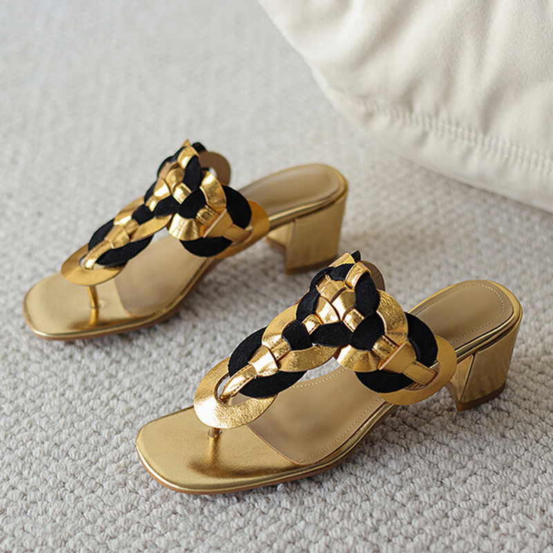 GOOSHOE Low Chunky Heels Women Clip Toe Slippers Dress Thong Sandals Braided Wide Fit Shoes