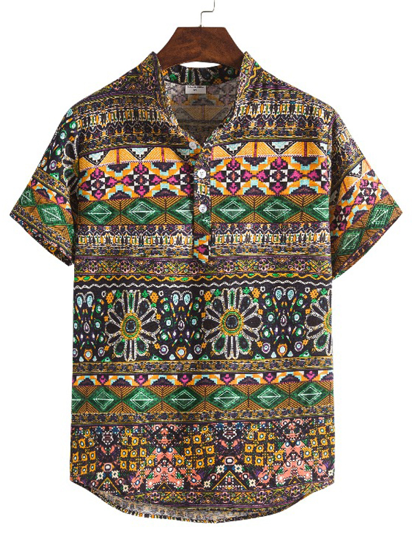 Ethnic Printed Short Sleeves Stand Collar Blouses&shirts Tops