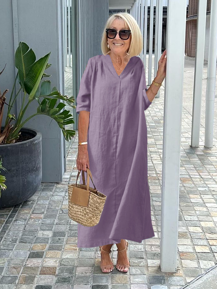 Middle Sleeve Cotton V-neck Tunic Dress Plus Size