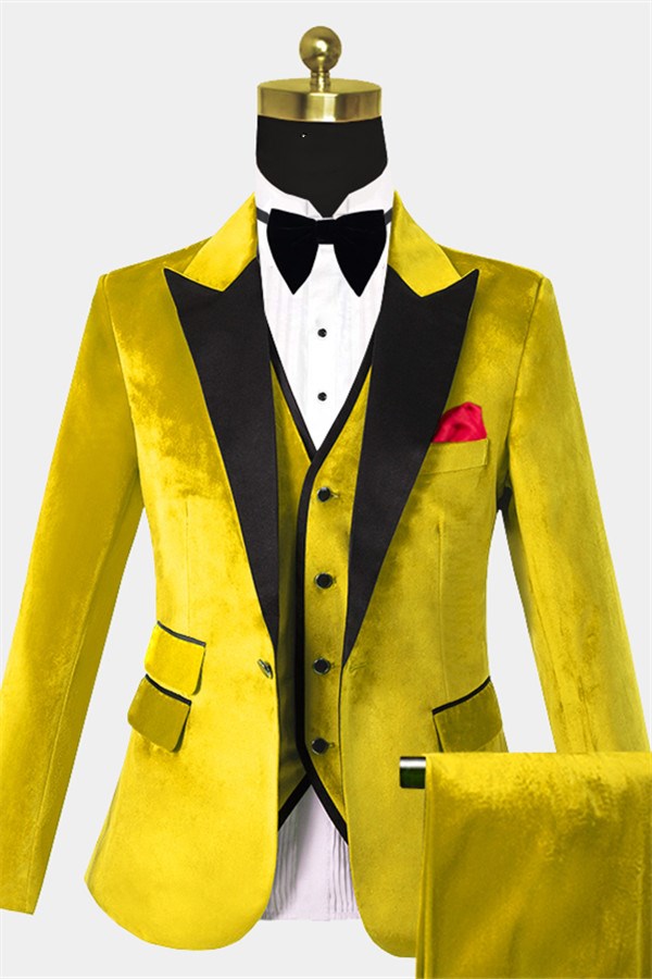 Lussooy Chic Velvet Yellow Three Pieces Slim Fit Tuxedo for Men