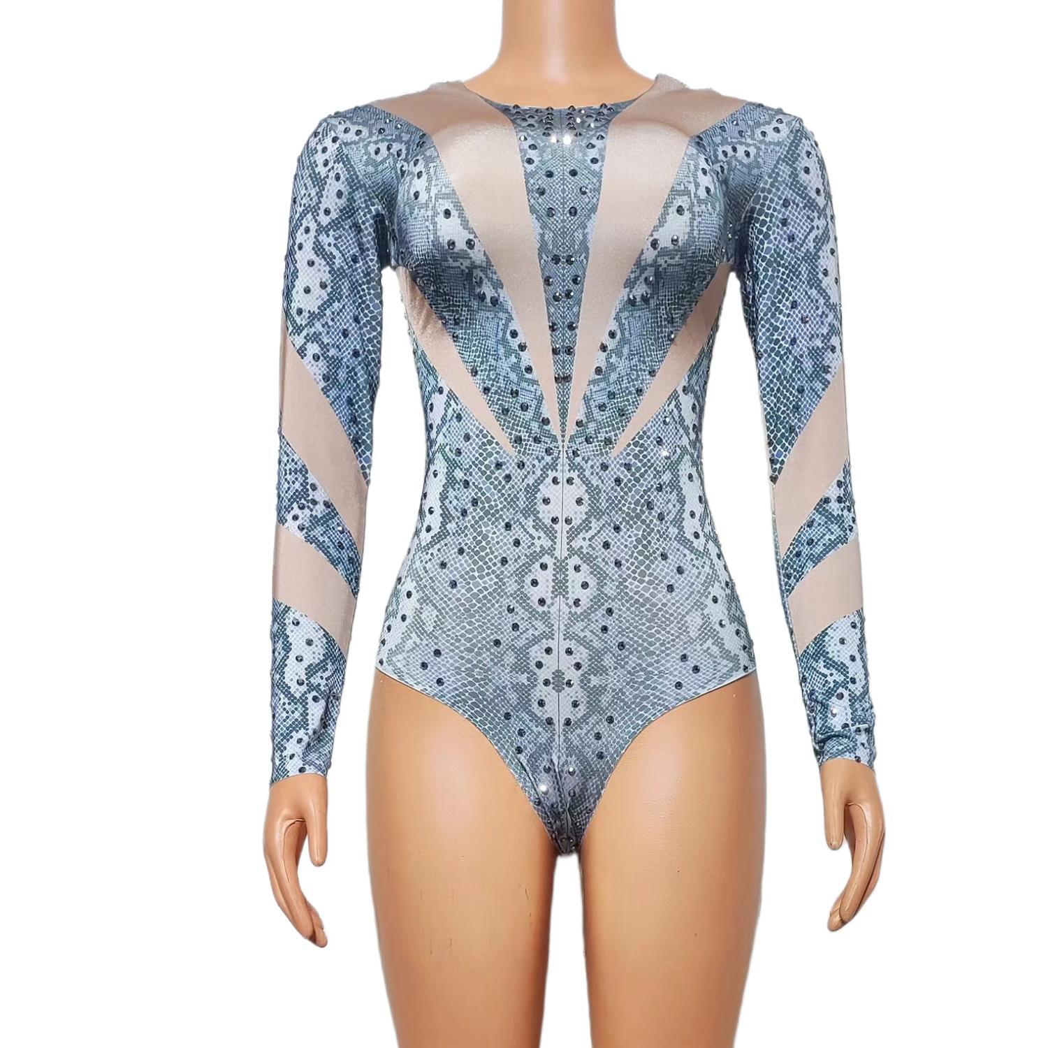 GOOSHOE Rhinestone Stretch Long Sleeve Bodysuits For Women Costume One Piece Props Drag Queen Outfits Huapi