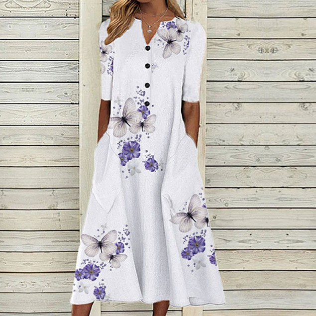 Printed Pocket V-neck Loose Casual Long Dress