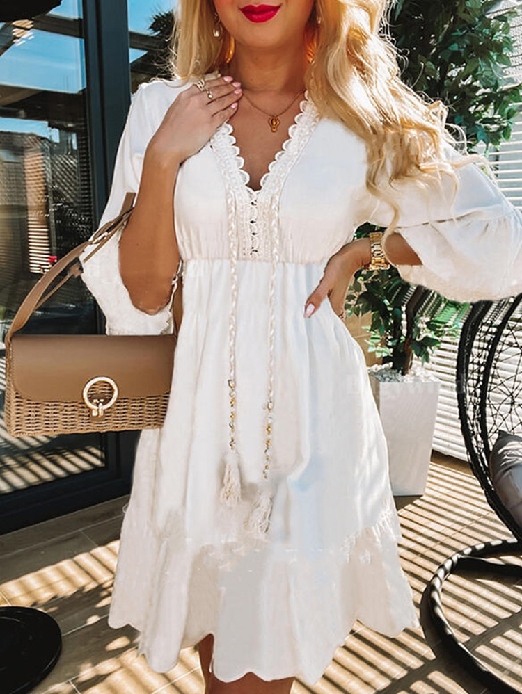 White Tassel Petal Three-Quarter Sleeve Casual Dress
