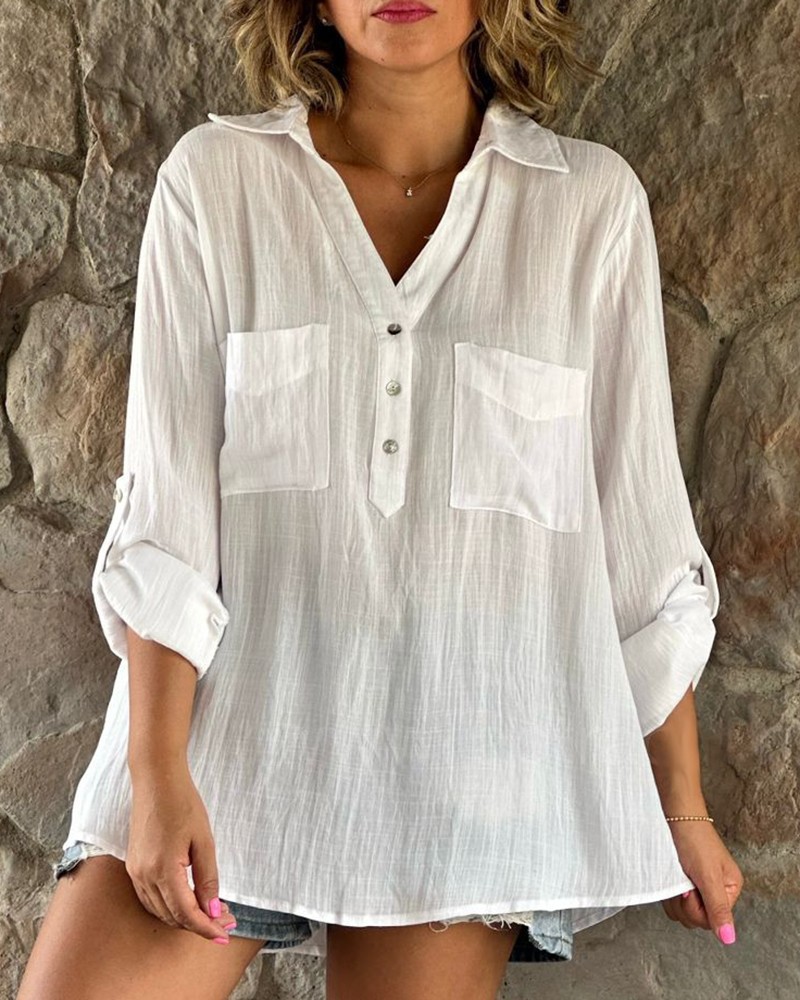 Plus Size New V-neck cotton and linen button long sleeve casual shirt