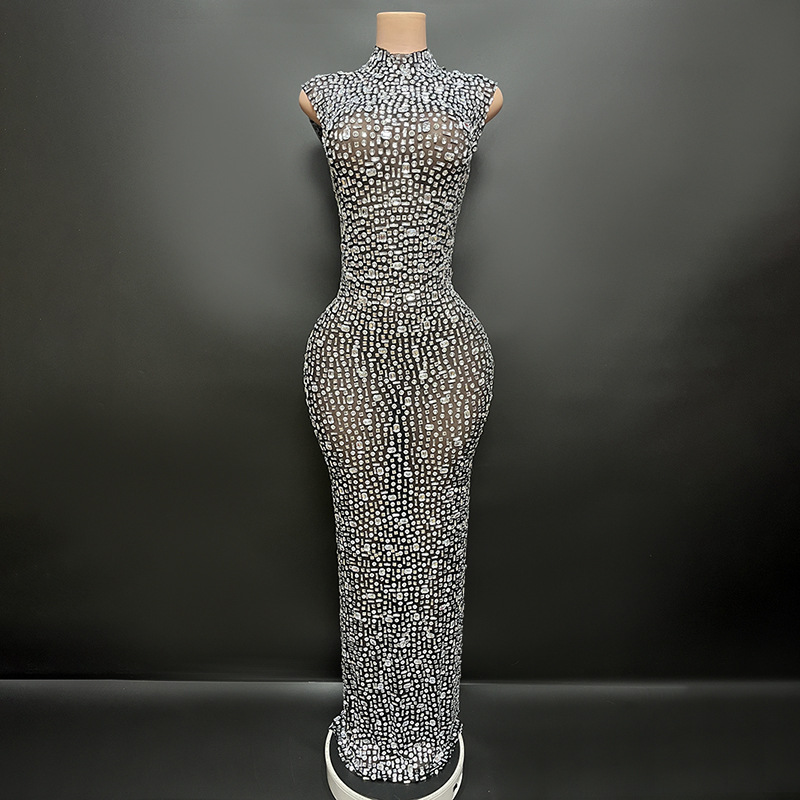 GOOSHOE Sleeveless Club Gown Diamond Sequin Dress Mesh Crystal Dress Evening Women Gold