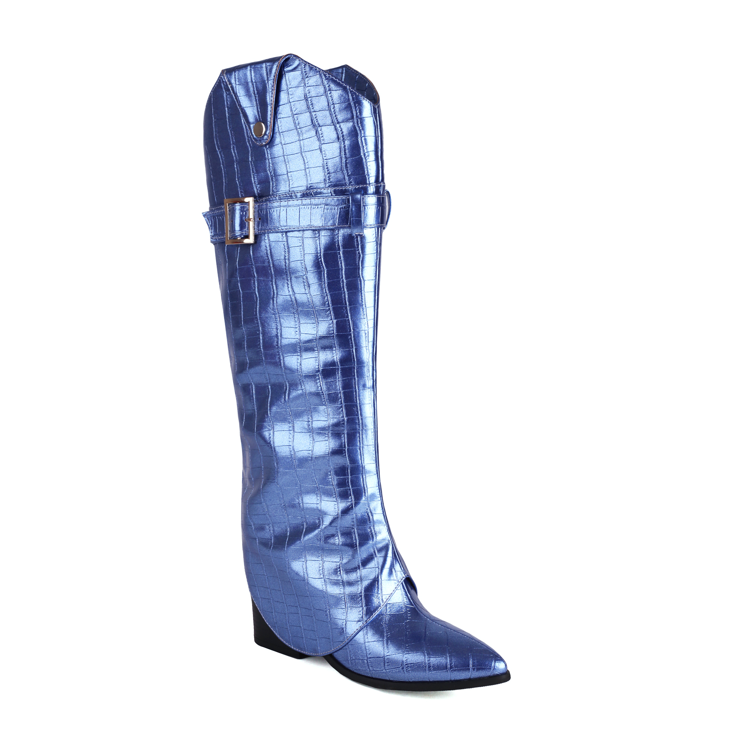 GOOSHOE Pearlescent Fantasy PU Metal Belt Buckle Stripe Runway Boots With Pointed Tips Extra High Thick Heels Knee High Boots