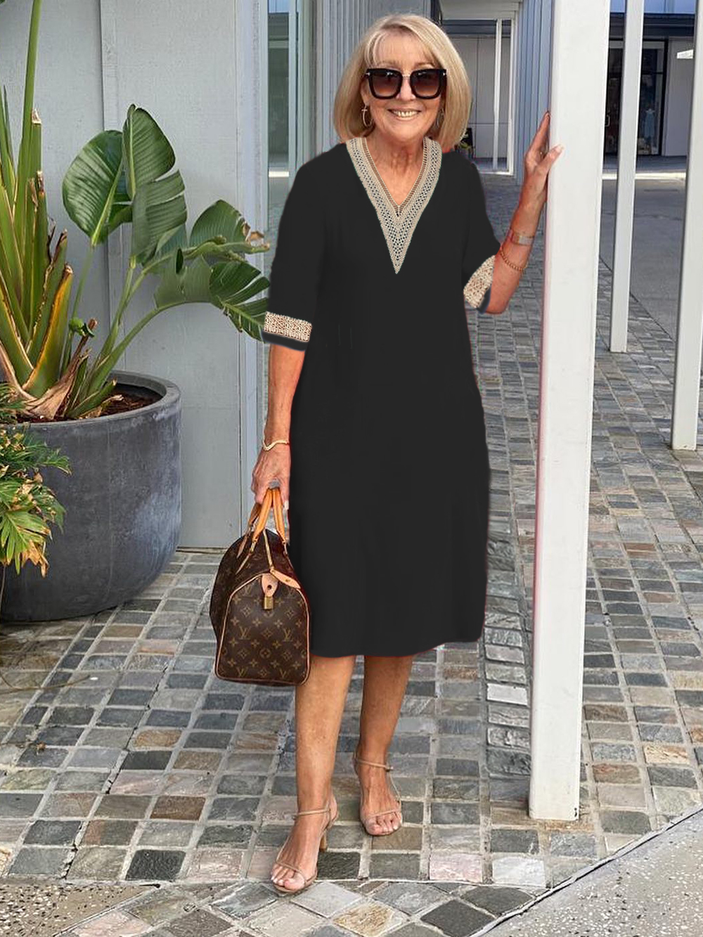 Solid Color V-neck Mid-Sleeve Cotton and Linen Casual Tunic Dress
