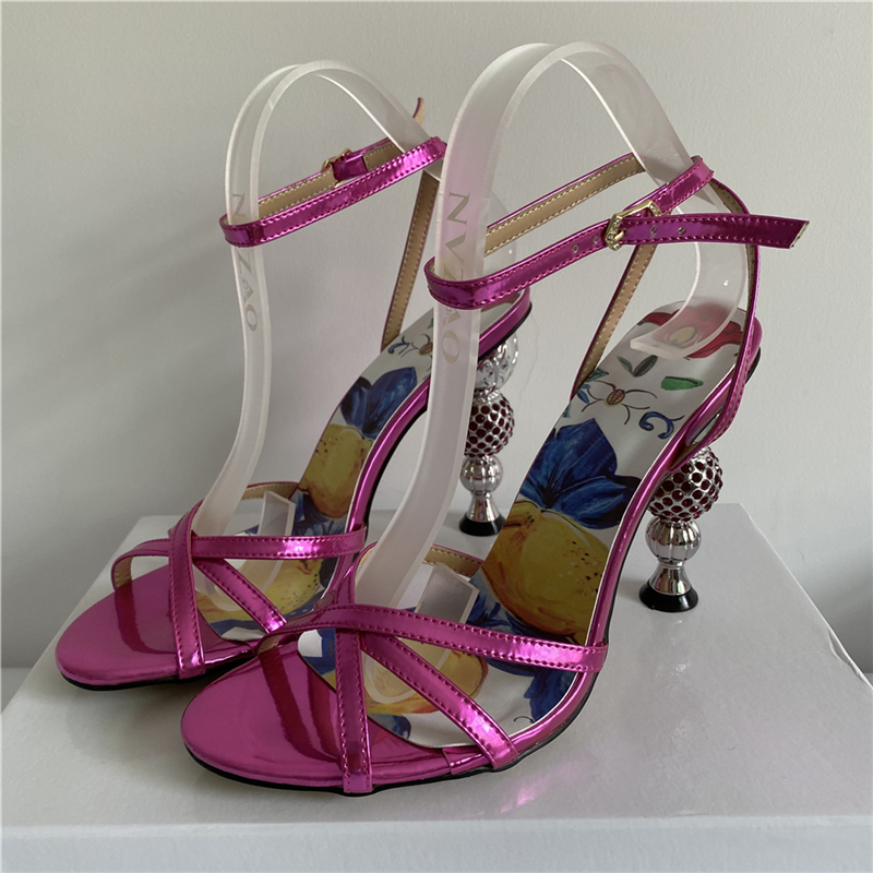 Jeweled Crystal Metal Strange Heel Sandals Women Cross Narrow Band Printed Flower Color Shoes Woman