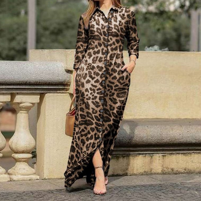 Plus Size Casual Plaid Long Sleeve Lapel Collar Button Maxi Dress