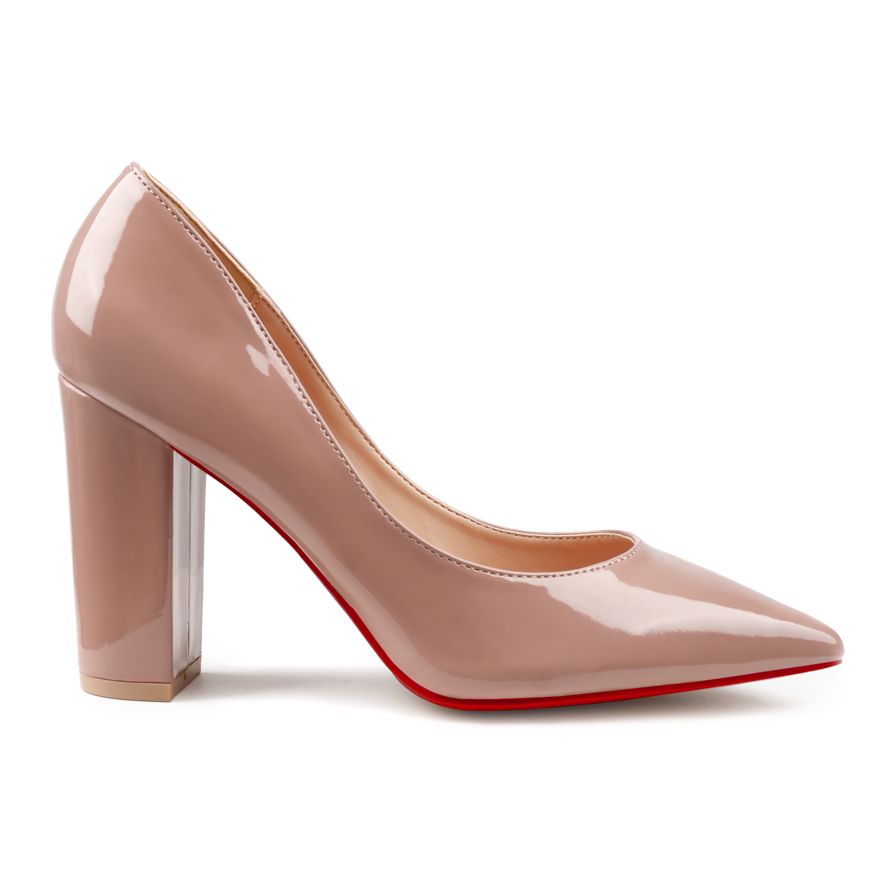 3.5" Women's Chunky Heels Red Bottom Shoes Comfortable Middle Block Heel Patent Pumps-MERUMOTE