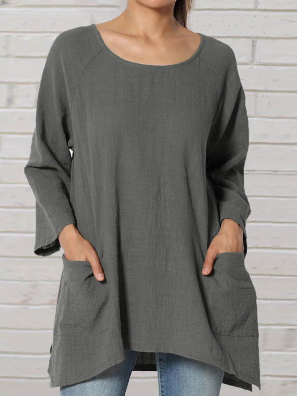 New round Neck Stitching Loose Solid Color Cotton Linen Shirt