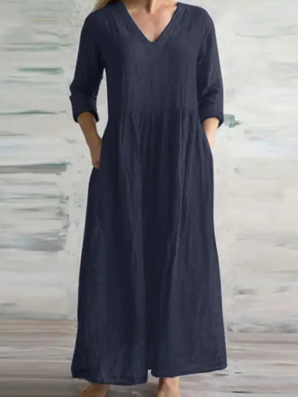 V-neck Cotton and Linen Dress