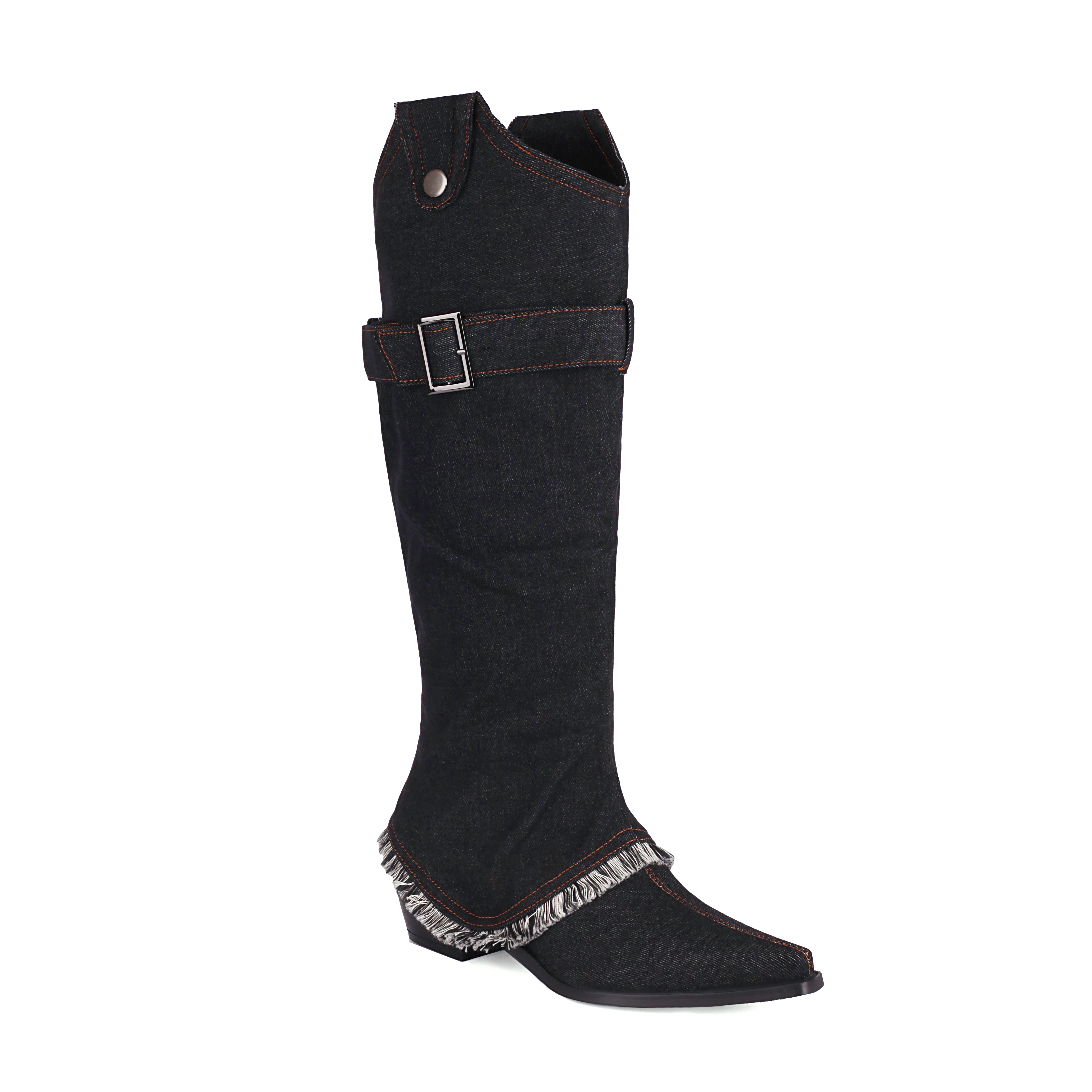 GOOSHOE Detachable Belt Buckle Boot Sleeve Dual Denim Boots With Pointed Thick Heels Denim Tassels Dual Knee High Boots