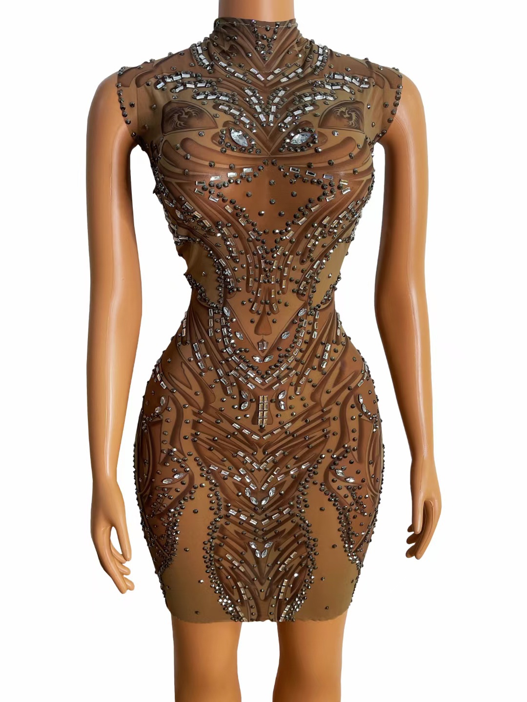 GOOSHOE Silver Rhinestone Pattern Transparent Mini Dress Costume Women Prom Dresses For Party
