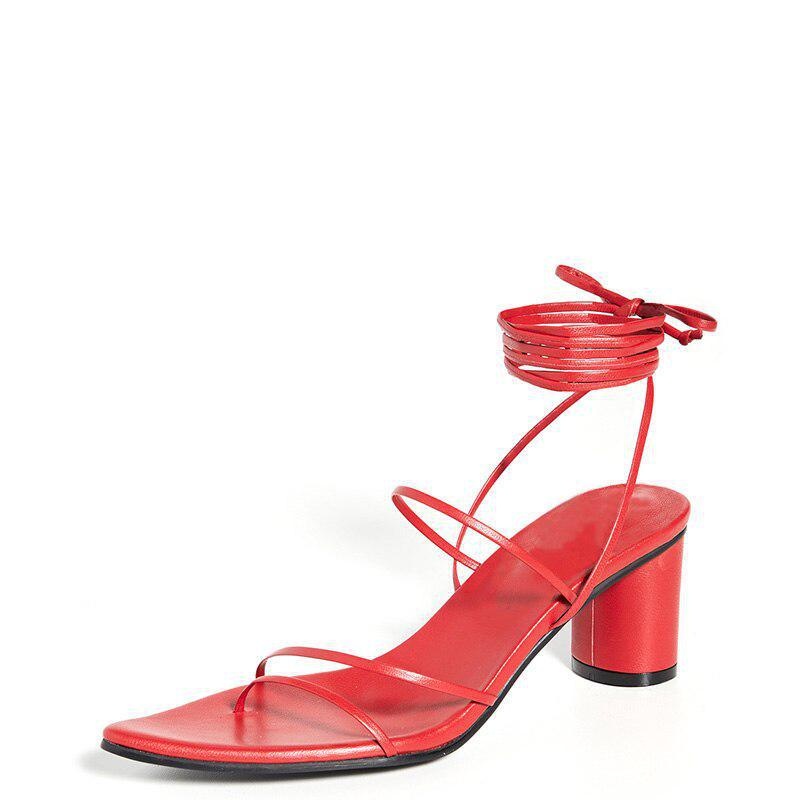 GOOSHOE Red High Round Heels Women Sandals Pointed Toe Ankle Cross Strap Large Size Shoes