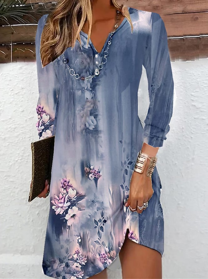 Long Sleevey Printed V-neck Tunic Dress