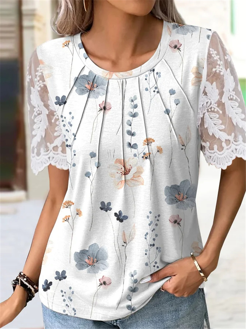 Floral Print Crew Neck Casual Short Sleeve Loose T-shirt