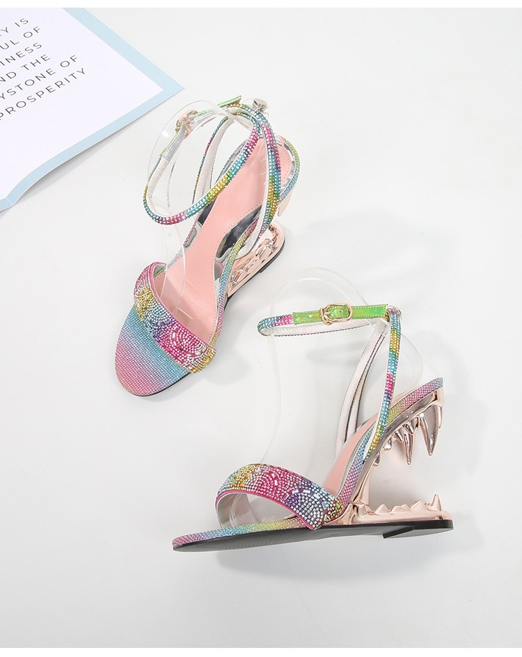 GOOSHOE Tiger Teeth High Heel Open Toe Sandals Rhinestone Shoes