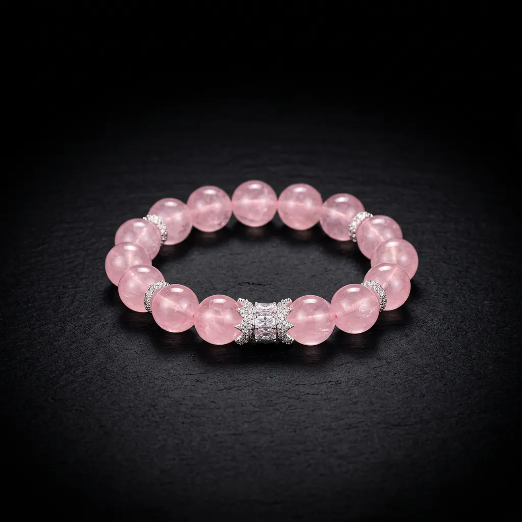 JiStones Ethereal Rose Quartz Beaded Bracelet with Pavé Crystal Accents Blush Rose & Sparkling Pavé Bow