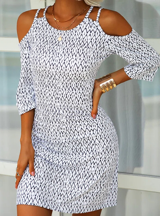 Small Floral Digital Floral Print Mid-Length Sleeves off-the-Shoulder Dress for Women
