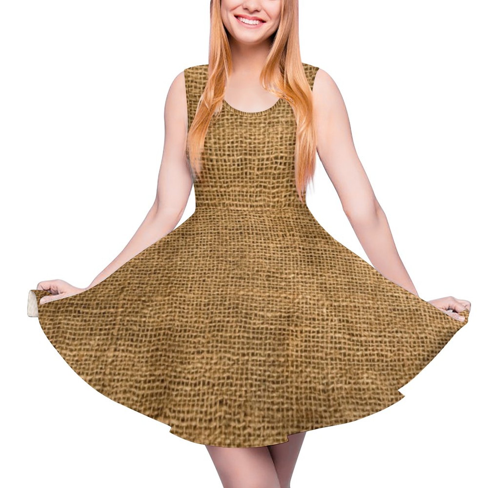 Burlap Potato Sack Sleeveless Mini Skater Dresses, Casual Beach Petite A-Line Dress Burlap Potato Sack Sleeveless Mini Skater Dresses, Casual Beach Petite A-Line Dress