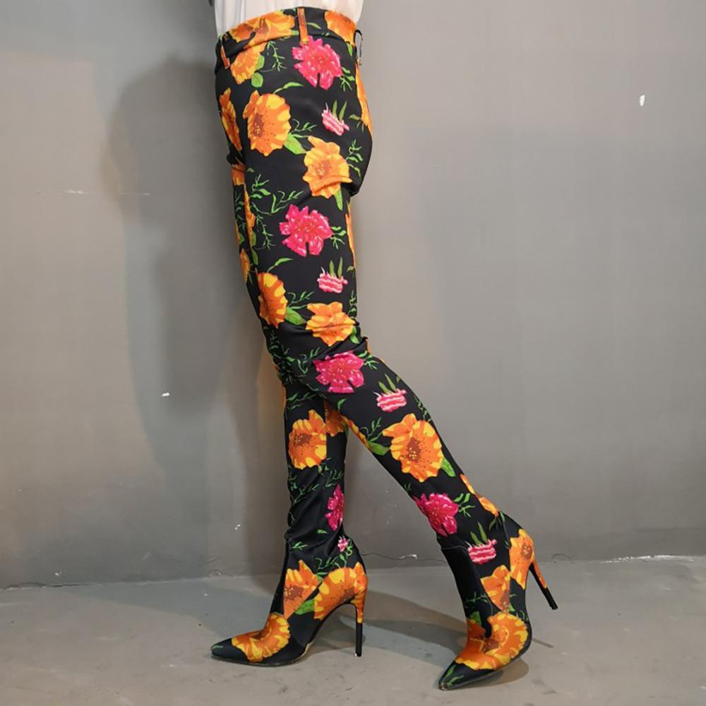 GOOSHOE Big Size Shoes Women High Heel Boots Flower Leather Pants Boots Waist Long Boots