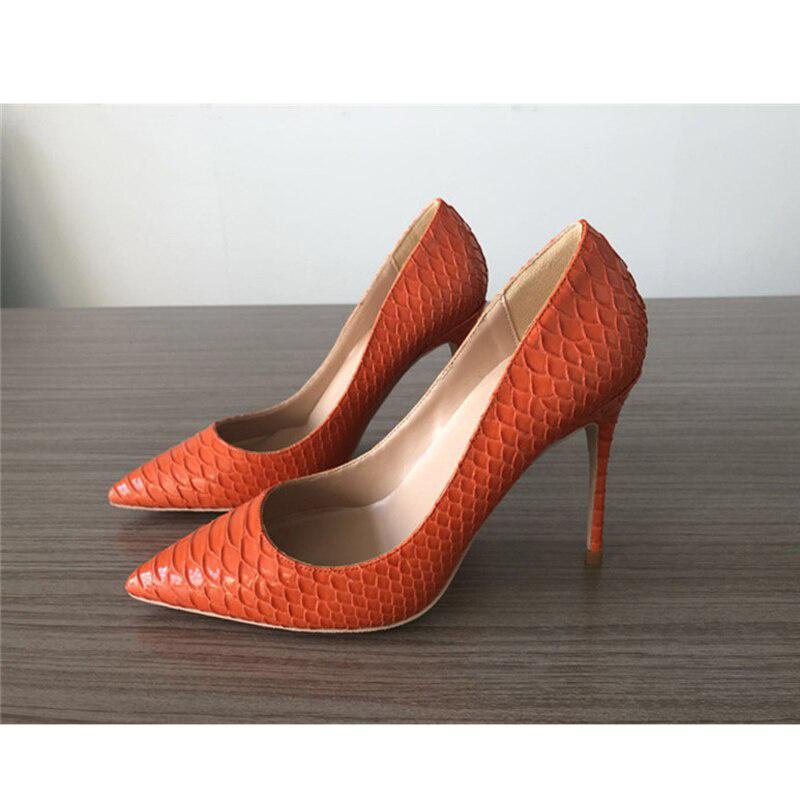 GOOSHOE Orange Sanke PU Leather 12cm High Heels Women Pumps Printing Pointed Toe Shoes Plus Size